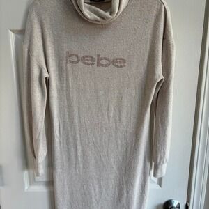 Bebe Y2K Women Oatmeal Cowl Neck Rhinestone Logo Knit Stretch Sweater Dress (S)